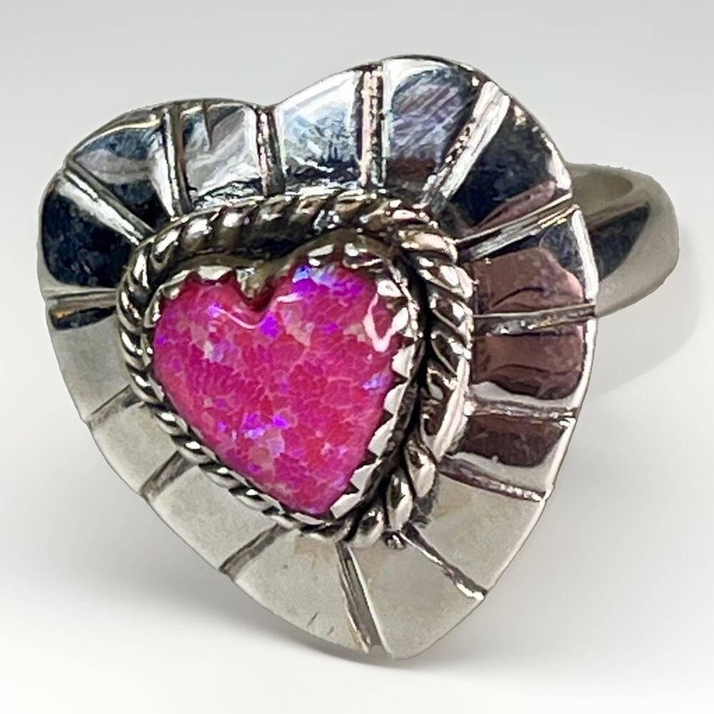 Southwestern Pink Opal Sterling Silver Adjustable Handmade Heart Statement Ring
